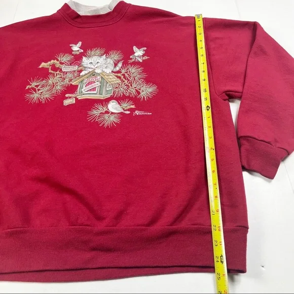 Vintage Cat Sweatshirt size Large Birds Nature Red Pullover - Picture 8 of 10